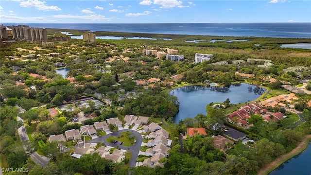 aerial view featuring a water view