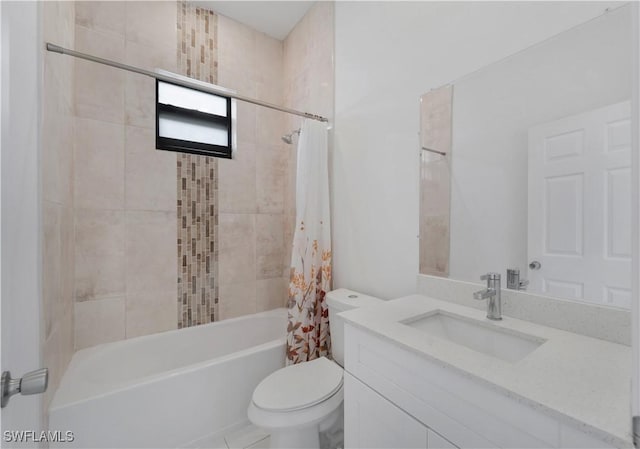 full bathroom featuring vanity, toilet, and shower / bathtub combination with curtain