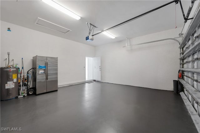 garage with water heater, a garage door opener, and stainless steel refrigerator with ice dispenser