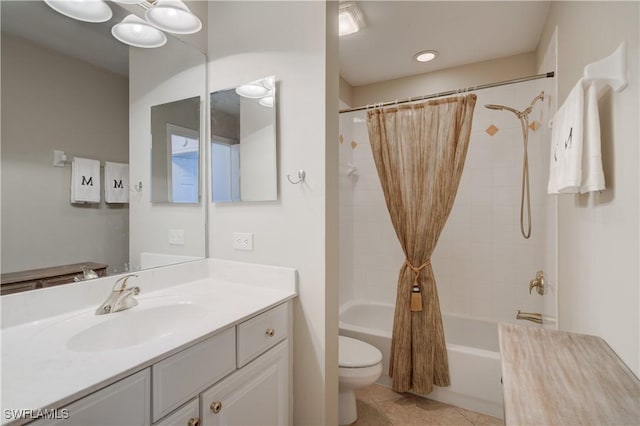 full bathroom with tile patterned flooring, vanity, toilet, and shower / tub combo