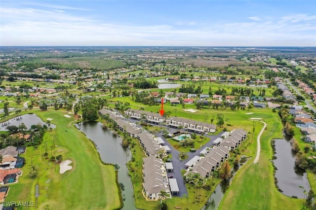 bird's eye view with a residential view, view of golf course, and a water view