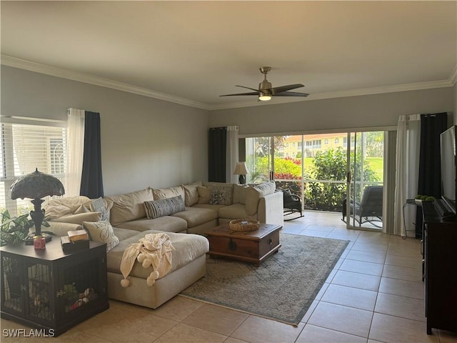 living room with light tile patterned floors, ceiling fan, and crown molding