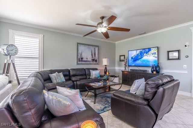 living room featuring ceiling fan, light tile patterned flooring, and crown molding