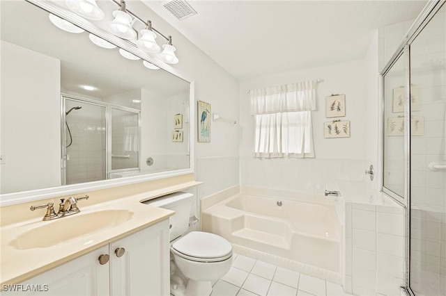 full bathroom featuring tile patterned flooring, vanity, toilet, and shower with separate bathtub