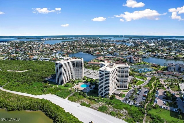 drone / aerial view featuring a water view