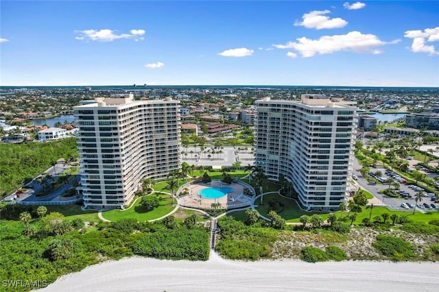 drone / aerial view with a water view