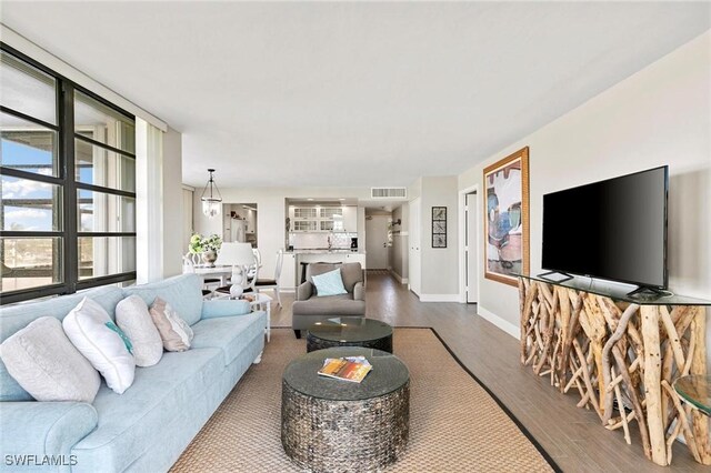 living room featuring wood-type flooring and a wealth of natural light