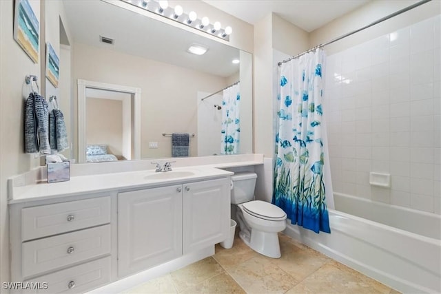 full bathroom with toilet, vanity, and shower / tub combo with curtain