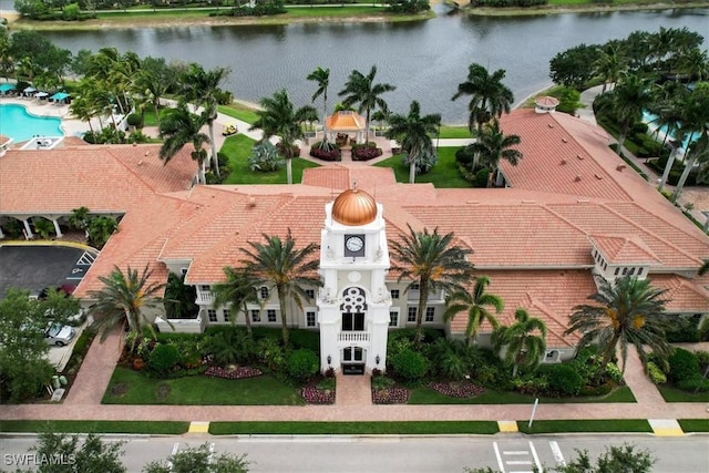 drone / aerial view with a water view