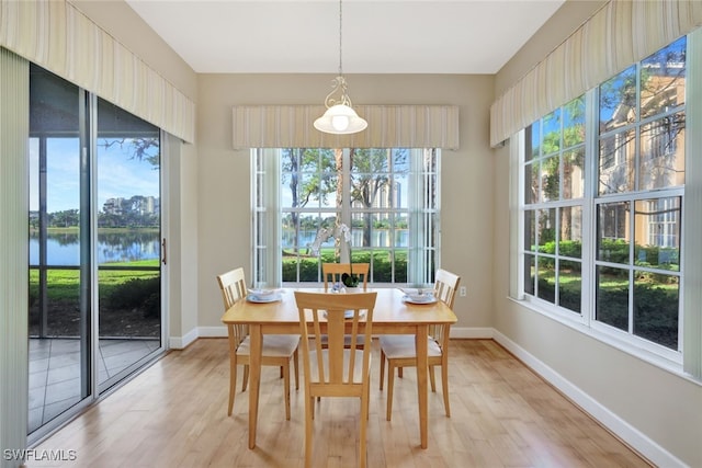 dining room featuring light hardwood / wood-style floors, plenty of natural light, and a water view