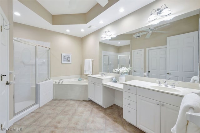 bathroom featuring ceiling fan, vanity, tile patterned floors, and plus walk in shower