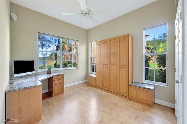 unfurnished office featuring ceiling fan, light wood-type flooring, and a wealth of natural light