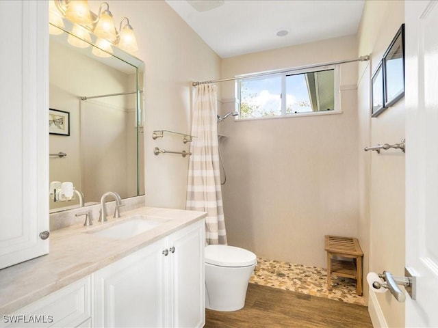 bathroom with curtained shower, toilet, vanity, and hardwood / wood-style flooring