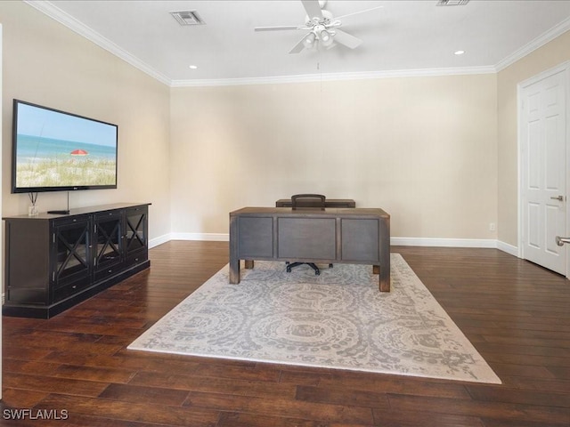 office area with ceiling fan, dark hardwood / wood-style floors, and ornamental molding