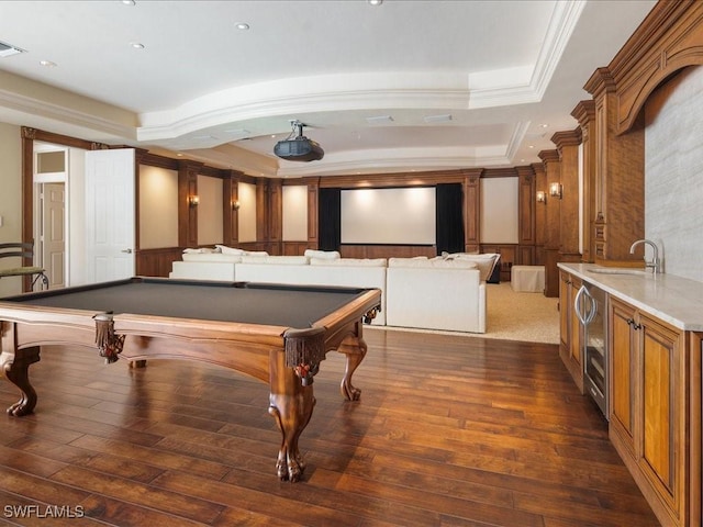 recreation room with sink, a raised ceiling, crown molding, and pool table