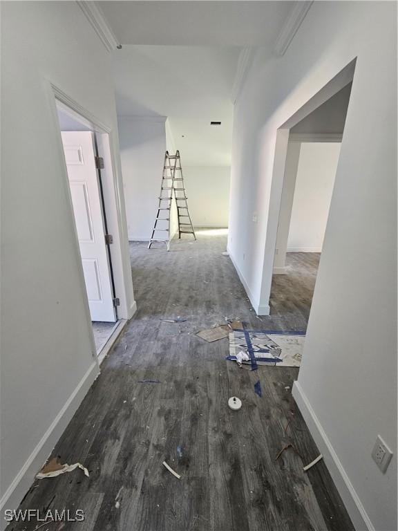 hallway featuring crown molding and dark wood-type flooring