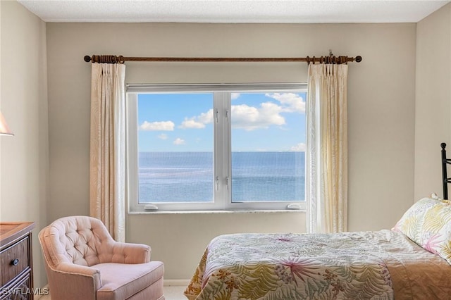 bedroom featuring a water view and multiple windows