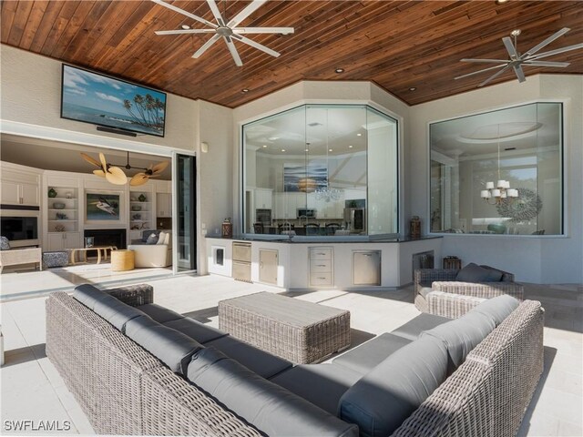 living room featuring wood ceiling