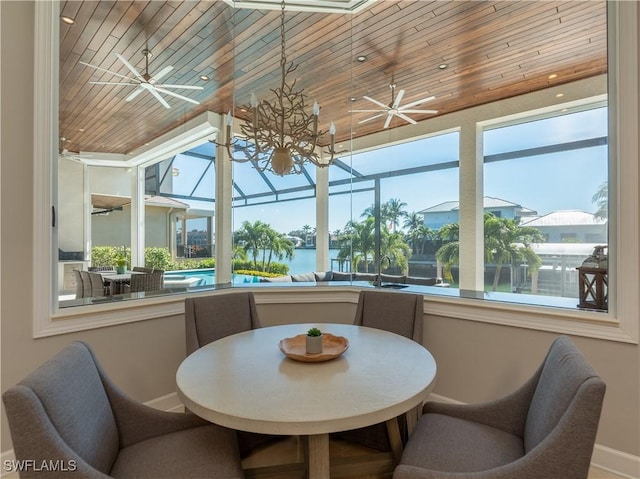 sunroom featuring wooden ceiling, ceiling fan, and a water view