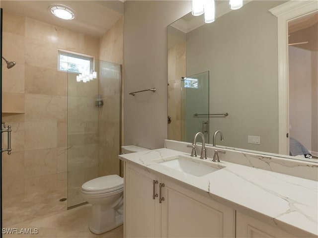 bathroom with toilet, a shower with shower door, and vanity