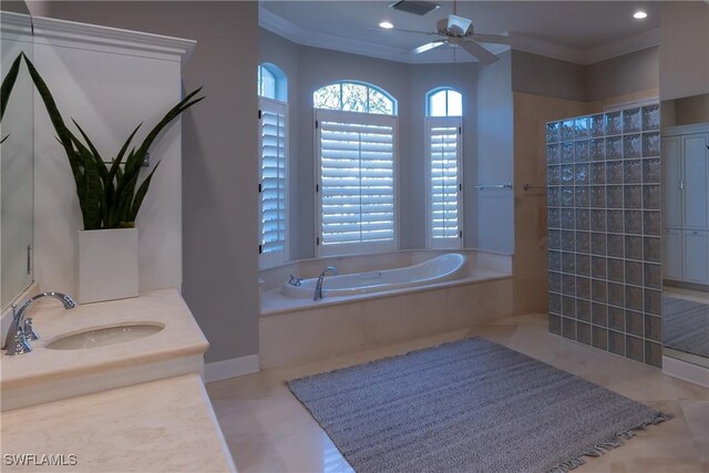 bathroom featuring tile patterned flooring, crown molding, vanity, ceiling fan, and independent shower and bath