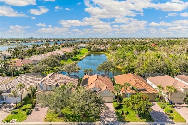 drone / aerial view featuring a water view