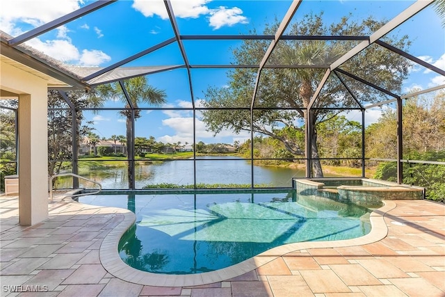 view of pool with a lanai, an in ground hot tub, a water view, and a patio