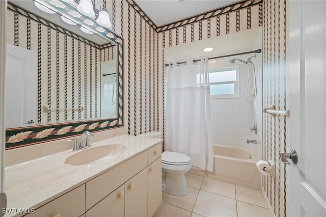 full bathroom featuring toilet, shower / tub combo with curtain, vanity, and tile patterned flooring