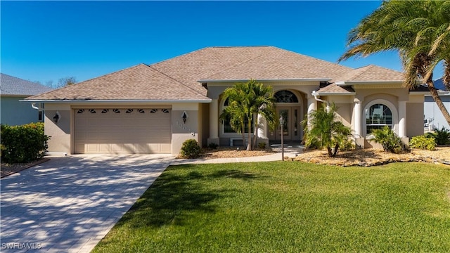 view of front of property with a front lawn, a garage, and french doors