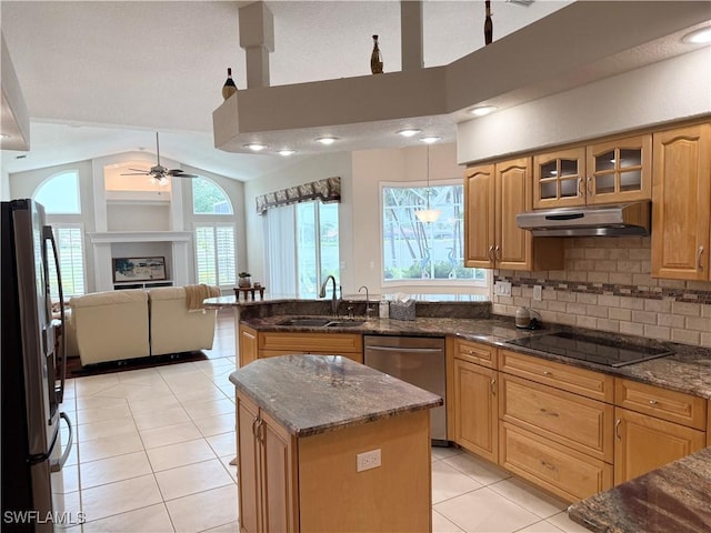13028 Kingsway Cir SW, Lake Suzy, FL 34269 - kitchen with stainless steel appliances, under cabinet range hood, light tile patterned floors, ceiling fan, and plenty of natural light