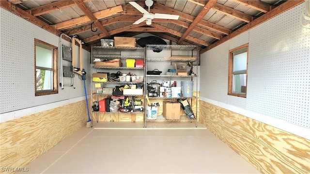 storage area featuring ceiling fan