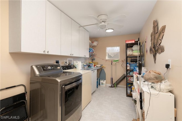 washroom with heating unit, ceiling fan, washer and clothes dryer, and cabinets