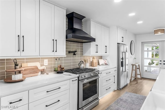 kitchen featuring white cabinets, decorative backsplash, premium appliances, and wall chimney exhaust hood