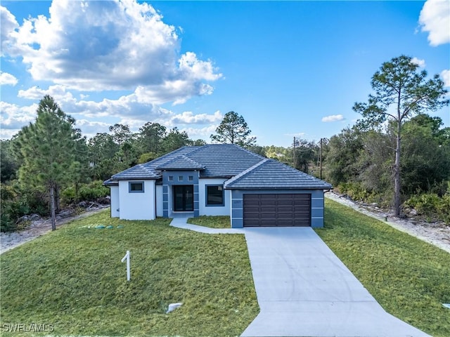 single story home featuring a front yard and a garage