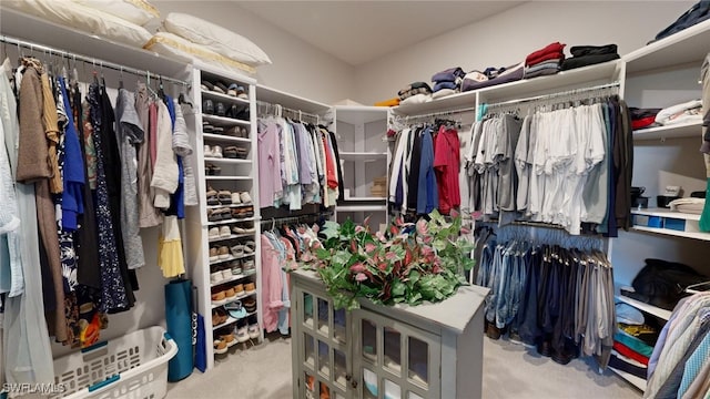 walk in closet featuring light carpet