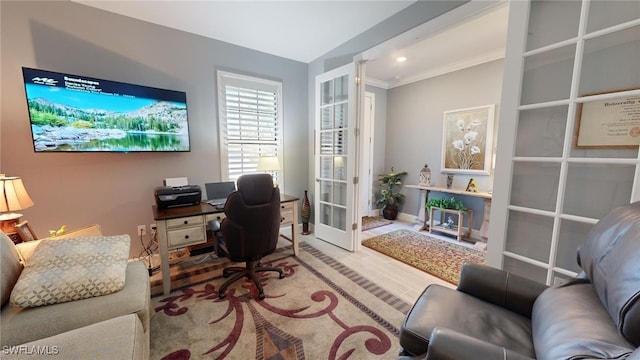 office area featuring hardwood / wood-style floors, french doors, and ornamental molding