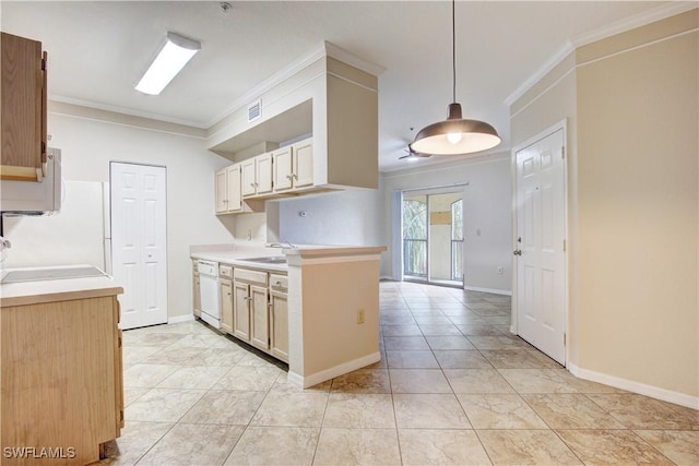 kitchen featuring sink, hanging light fixtures, dishwasher, and crown molding