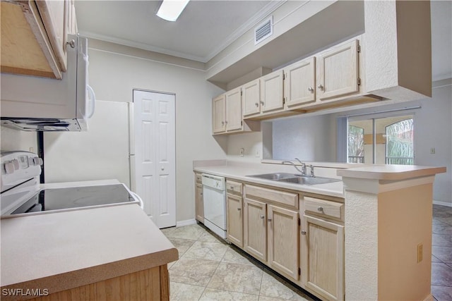 kitchen with sink, crown molding, electric range, white dishwasher, and light brown cabinets