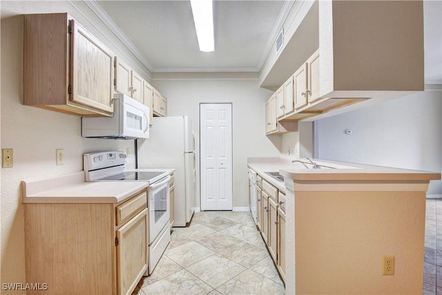 kitchen with crown molding, light brown cabinets, and white appliances