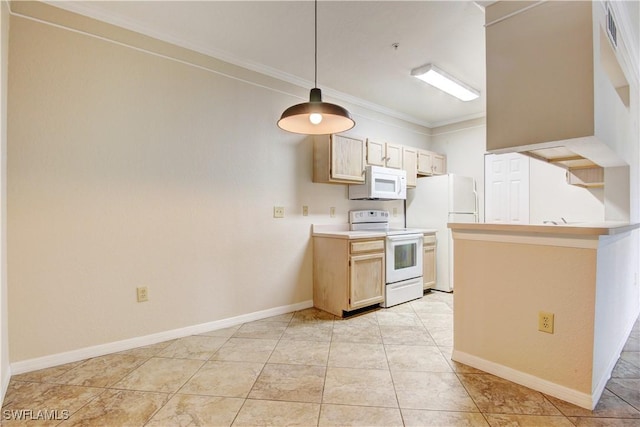 kitchen with light brown cabinetry, white appliances, pendant lighting, and ornamental molding