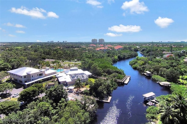 aerial view featuring a water view