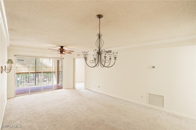 empty room with carpet, ceiling fan with notable chandelier, ornamental molding, and a textured ceiling