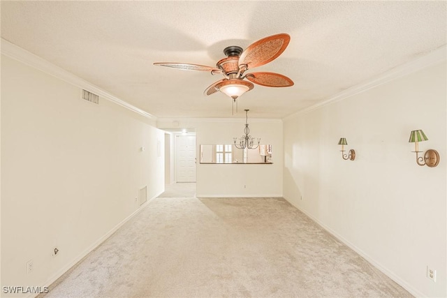 unfurnished room with light carpet, crown molding, and ceiling fan with notable chandelier