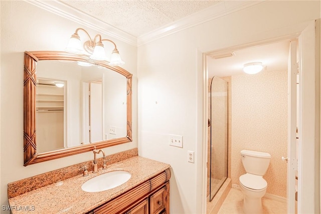 bathroom featuring tile patterned floors, walk in shower, ornamental molding, vanity, and a textured ceiling