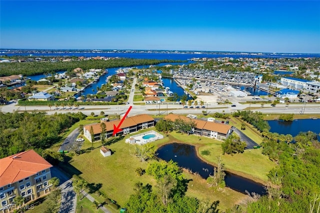 drone / aerial view featuring a water view