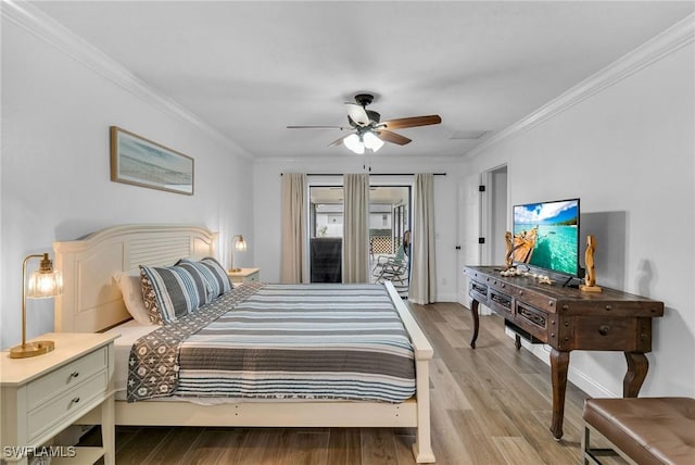 bedroom featuring ceiling fan, light hardwood / wood-style floors, ornamental molding, and access to outside