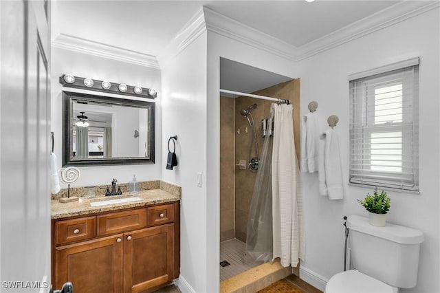 bathroom featuring vanity, toilet, walk in shower, and ornamental molding