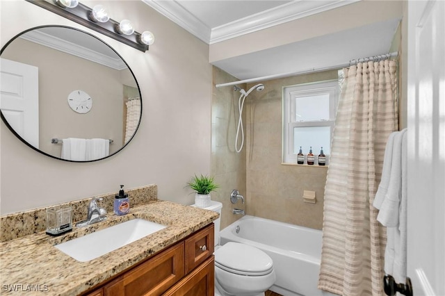 full bathroom with toilet, vanity, shower / bath combination with curtain, and ornamental molding