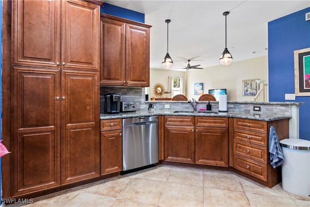 kitchen with kitchen peninsula, dishwasher, stone countertops, and decorative light fixtures