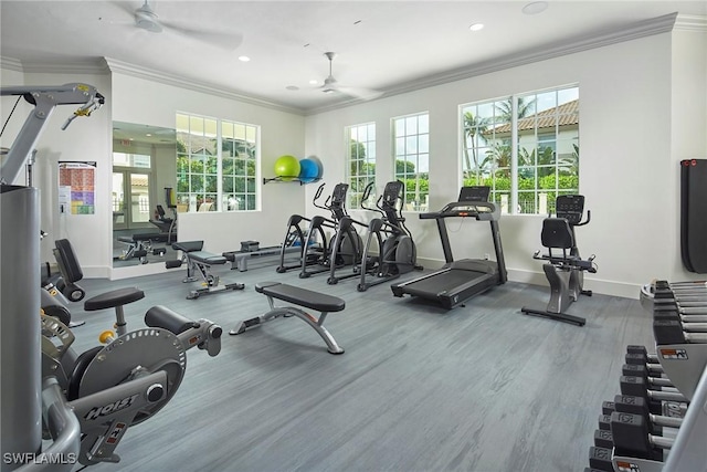231 Colonade Cir, Naples, FL 34103 - workout area featuring a ceiling fan, ornamental molding, recessed lighting, and wood finished floors